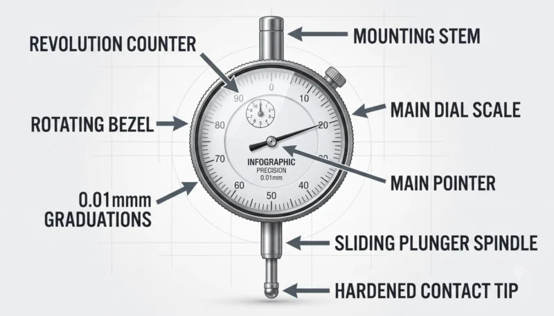 Labeled infographic demonstrating dial test indicator parts and uses, including rotating bezel, main dial, plunger spindle, contact tip, and mounting stem with 0.01mm graduations.