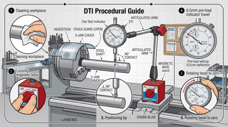 Labeled technical diagram illustrating dial test indicator parts and uses step-by-step lathe operation procedure including cleaning, magnetic base locking, 90-degree tip contact, 0.5mm pre-load deflection, and zero bezel setting.