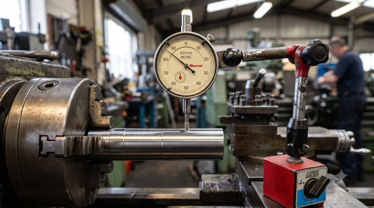 Precision dial test indicator parts and uses demonstrated with magnetic base stand measuring shaft runout in lathe chuck