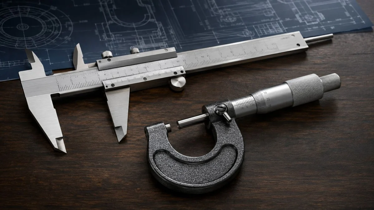 Micrometer and Vernier Caliper precision measuring tools in mechanical workshop